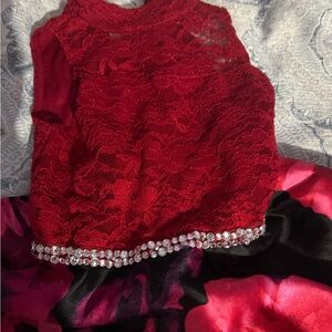 Chic Red Lace Kids Dress with Floral Skirt